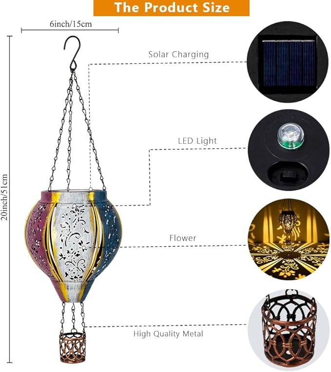 Starsoul Hot Air Balloon Solar Lantern with Flower Projection Metal Outdoor Waterproof Hot Air Balloon Solar Lights Hanging Lantern for Garden Yard Patio Decor
