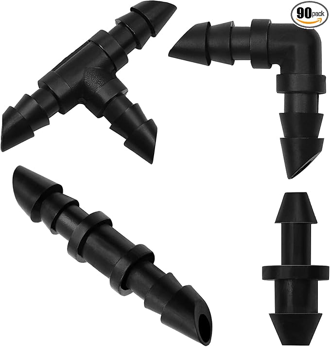 Drip Irrigation Fittings Kit for 1/4" Tubing, 90 Pieces Drip Line Connectors for Drip Systems - 30 Couplings, 20 Tees, 20 Elbows, 20 End Plugs, Drip Irrigation Parts for 1/4 Inch Drip Hose