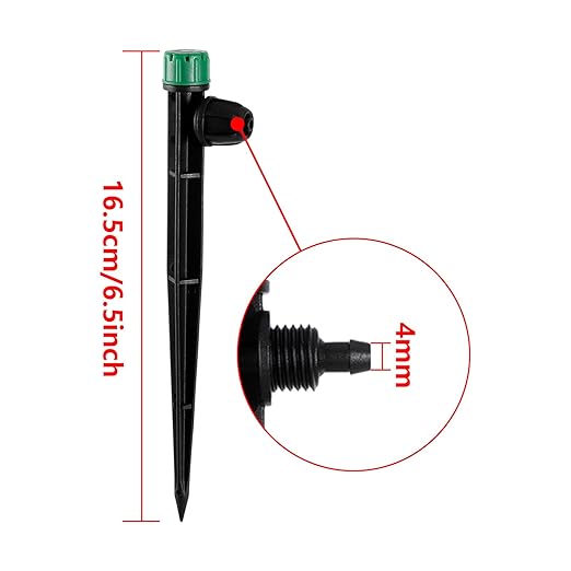 50pcs Drip Irrigation Emitters for 1/4" Drip Irrigation Tubing Adjustable 360 Degree Water Flow Drippers on 6.5" Sturdy Stake with Lock Barbed Irrigation Drippers for Watering System