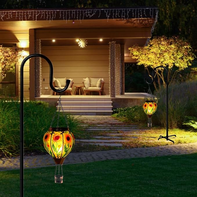 Starsoul 2 PC Sunflowers Hot Air Balloon Solar Lantern with Flame Glass Hanging Outdoor Hot Air Balloon Solar Light Waterproof Garden Patio Yard Party Decorations