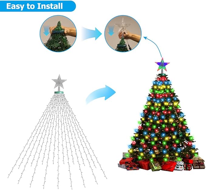 LED Christmas Tree Lights for Garden Decor, 6.6 FT 16 Lines Warm White & Multicolor String Lights with Star Topper, Christmas Ornaments Lights with Timing Function & 11 Modes Remote Control