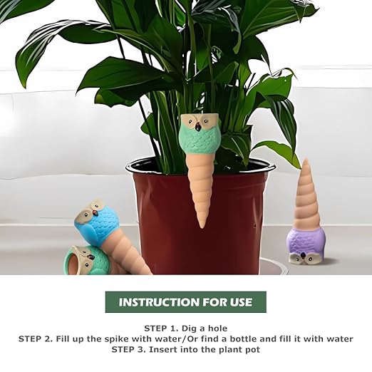 4 Pack Terracotta Watering Spikes, Vacation Self-Watering Planters Devices - Continuous Moisture with Slow Release Watering System - Perfect for Indoor Outdoor Plants (Owl Shape)
