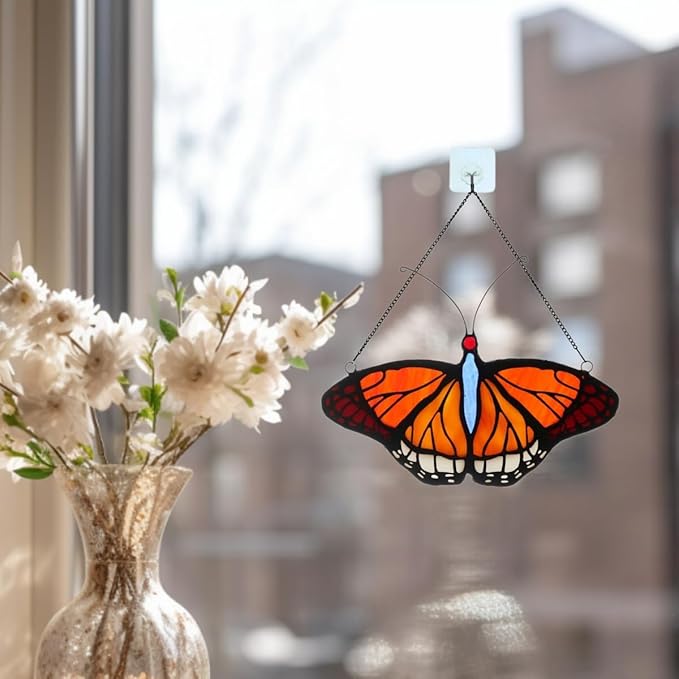 Stained Glass Window Hangings Butterfly Tiffany Style Butterfly Suncatcher for Window Hanging Suncatchers Handcrafted Ornament (Yellow)