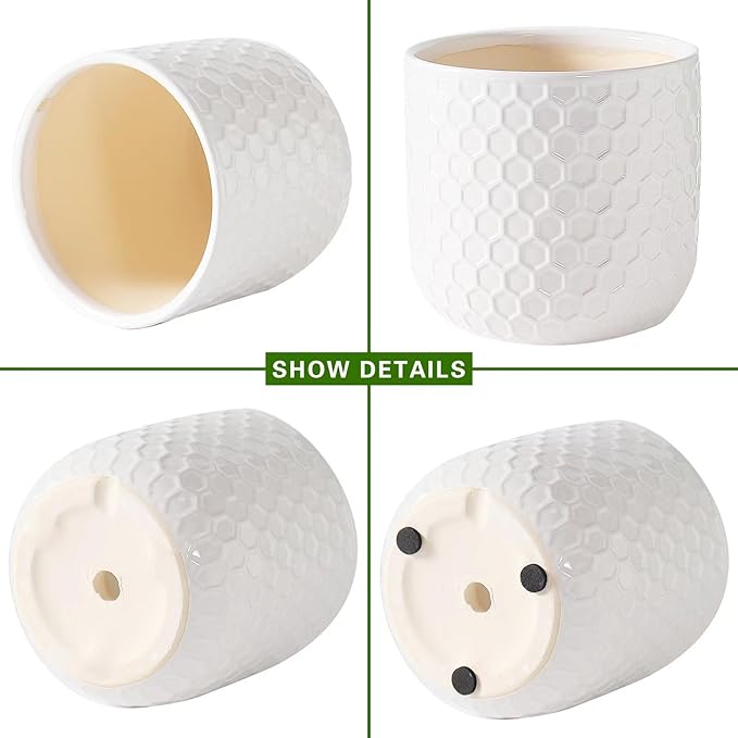 Docrin Ceramic Plant Pots Indoor: 6.5+5.3+4 Inch Planters with Drainage Holes for Home/Office - Set of 3 / White Honeycomb
