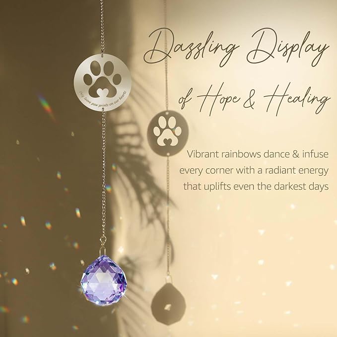 Dog Memorial Gifts, Unique Loss of Pet Sympathy Idea, Purple Crystal Ball Rainbow Suncatcher with Paw Print for Cat or Dog Remembrance and Bereavement