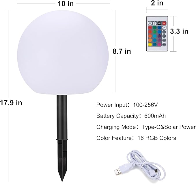 shumi Solar Ball Light-10inch LED Outdoor Table Lamp 16 RGB Colors and Dimmable Globe Light with Remote,Decor for Patio,Garden,Yard,Beach,Pathway