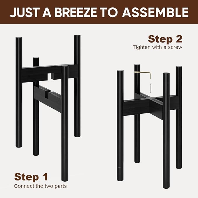 MUDEELA 2 Pack Adjustable Plant Stand Indoor, Bamboo Plant Stand 8 to 12 Inches, Single Floor Plant Stand for Indoor Plants, Bamboo Black Planter Stand for Indoor Plants, Pot Plant Not Included