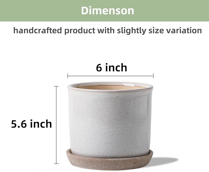6 Inch Plant Pot: Ceramic Planter with Drainage Hole & Saucer - Cylinder Round Flowerpot for Indoor & Outdoor Plants - with Separate Tray for Home & Office - Retro Style, Grey