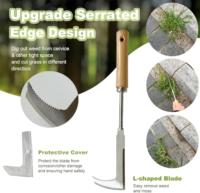 2 Pcs Stainless Steel Manual Weeder Tool Set - V-Shaped Fork & Crack Weeder for Deep Root Digging, Crevice Weeding Tool, Wood Handle Gardening Tool