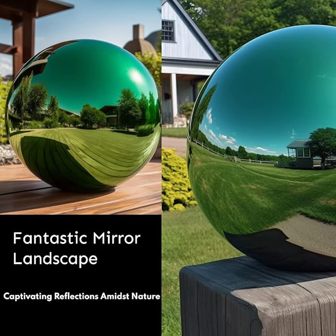 10 Inch Stainless Steel Gazing Globe,v2croft Hollow Ball Mirrored Surface Polished Shiny Sphere,Garden Stainless Steel Gazing Ball for Outdoor Lawn Pond Yard Ornament(Green)