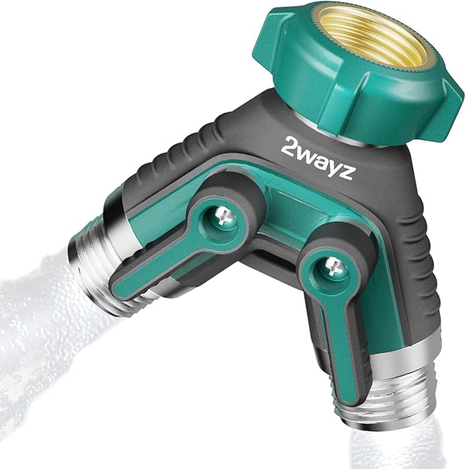 2WAYZ Dual Outlet Water Hose Splitter - Heavy-Duty Brass Y Connector, 360° Rotation, Easy Installation, Leak-Proof Design with Spigot Extender - Ideal for Garden, Washing Machines, Outdoor Faucets