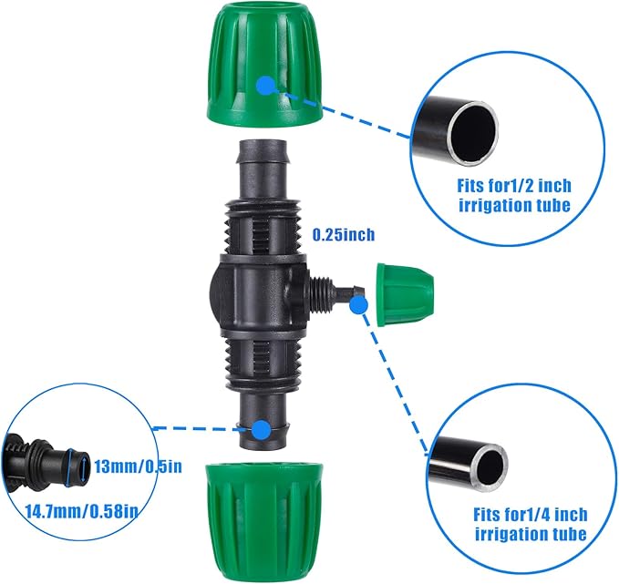 10 Pcs Barbed Tee 1/2 inch Tubing (1/2" ID x0.6-0.63" OD) 16mm to 1/4 inch Irrigation Tube Anti-Drop Quality Fitting (3-Way Lock Buckle Green)