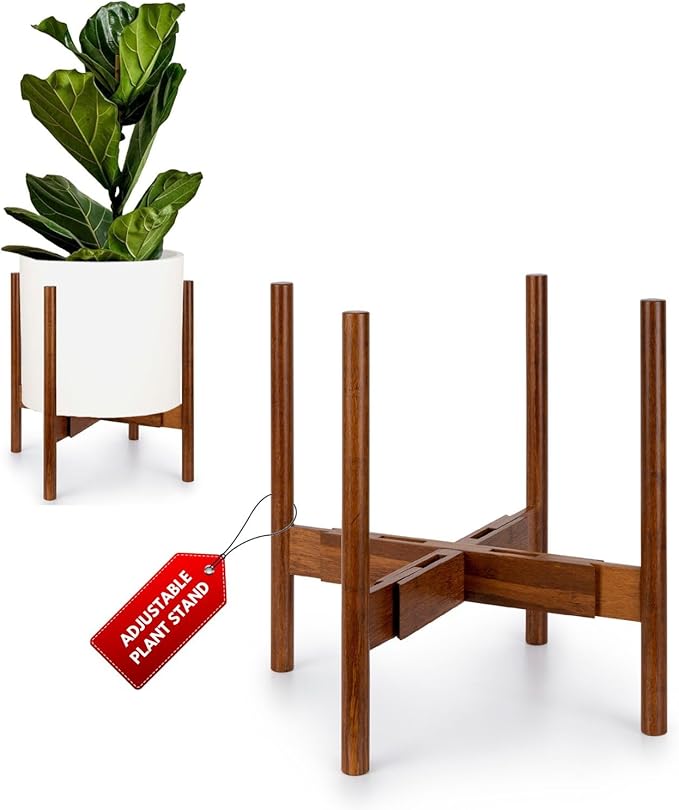Fox & Fern Large Adjustable Plant Stand Indoor — 11 to 15 Inch Mid Century Bamboo Plant Stand; Plug In Design; Easy to Assemble; Two Height Options - For 11, 12, 13, 14 & 15 Inch Pots (Not Included)