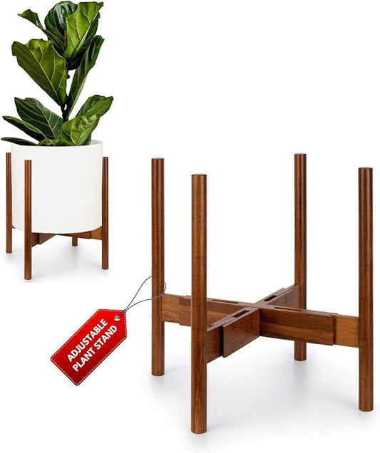 Fox & Fern Large Adjustable Plant Stand Indoor — 11 to 15 Inch Mid Century Bamboo Plant Stand; Plug In Design; Easy to Assemble; Two Height Options - For 11, 12, 13, 14 & 15 Inch Pots (Not Included)