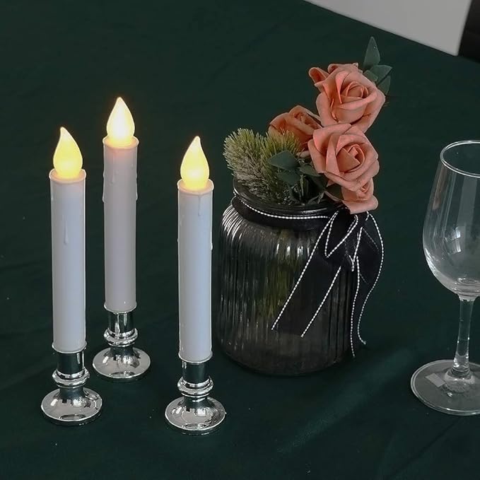 DRomance 9" Flameless Window Taper Candles Battery Operated with 8-Key Remote and Timer, 4 Pack White Christmas Holdiay Window Candles with Silver Holders, Suction Cups and AA Batteries Included