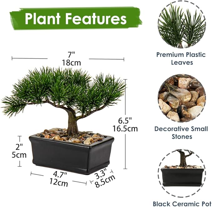 DILATATA Fake Bonsai Tree Zen Juniper Bonsai Plant 6.5” Tall Artificial Bonsai Trees with Black Ceramic Pot Decorated with Pebbles Desk Plant Indoor Bonsai for Home Office Decor