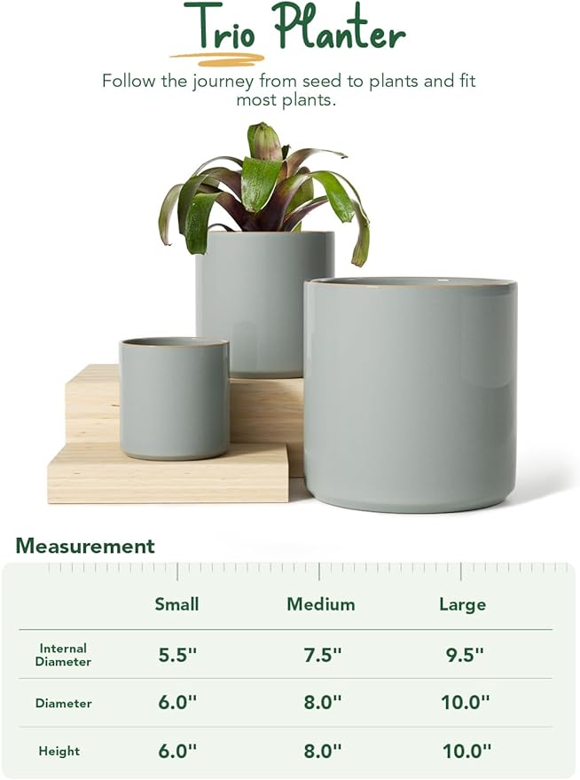 LE TAUCI Ceramic Plant Pots Indoor, 10 Inch 8 Inch 6 Inch Planters for Indoor Plants, Mid-Century Modern Flower Pots with Drainage Hole, Cylinder Round Planter Pots, Set of 3, Reactive Glaze Blue Gray