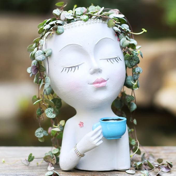 Face Planter Pot with a Base- Face Flower Pot for Indoor Outdoor Plants Resin Succulent Planter with Drainage Hole Cute Lady Face Plant Pots, White