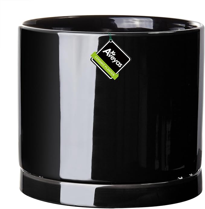 Aveyas 8 inch Ceramic Plant Pot with Drainage Hole and Saucer - Suitable for Indoor and Outdoor Use, Modern Planters for House Garden Flower Tree Snake Monstera Plants (8", Glossy Black)