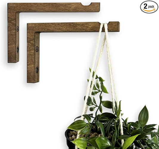 2-Piece Set of Plant Hooks for Wall 6 Inch - L-Shaped Mounted Wooden Plant Hook - Indoor and Outdoor Bracket Plant Hanger for Planters, Lanterns, Bird Feeders and Plant Basket (Walnut)