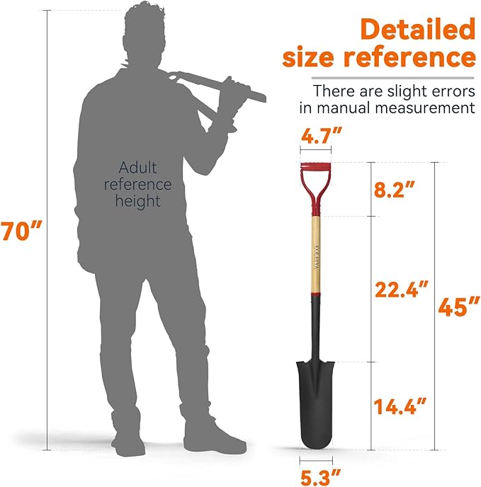 Drain SpadeShovel, Garden Spade Shovels for Digging Heavy Duty, Trenching,Planting,Transplanting,Metal Y-Grip,Wooden Handle,45Inch