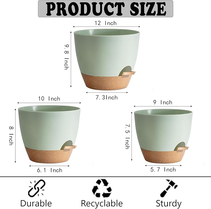Indoor Pots For Plants 3 Pack 12/10/9 Inch Self Watering Pots For Lazy People,Self Watering Pots For Indoor Plants,Outdoor Pots For Succulent, African violets And Cactus Green Plastic Flower Pots