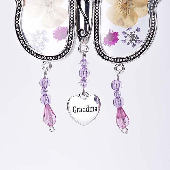Laraine Butterfly Suncatcher with Pressed Colourful Flower Wings Mom Mother's Day Butterfly Glass Wind Chime Ornament Charm with Metal Heart Gifts for Mom Grandma Birthday (Yellow Grandma)