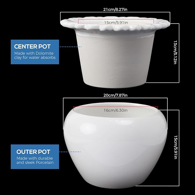 African Violet Pots 8 inch White Ceramic Easy Plant Self Watering Pot Ceramic Flowerpot with Water Absorbing Inner Pot Orchid Planter for Best Gifts Lawn Yard Outside Decor