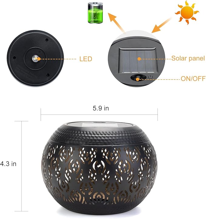 Solar Table Light Outdoor Waterproof- Solar Powered LED Lamp Hollowed-Out Black Peacock Feather Metal Desktop Decorative Lantern for Indoor Desk Bedroom Patio Garden Pathway Yard