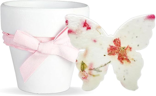 Set of 6 Seed Paper – 6 Pink Butterflies & 6 White Pots with Bow for Weddings & Life Events