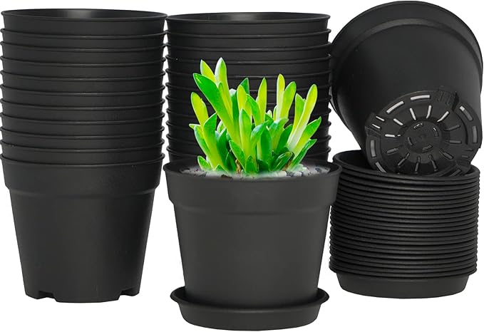 24 Pcs 4 Inch Plant Pots with Drainage Holes and Saucers for Indoor Plants, Plastic Small Flower Nursery Pots Seed Starting Pots for Plants Succulent, Black