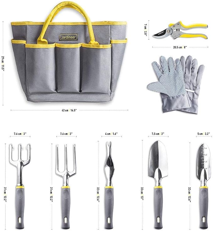Jardineer Garden Tools Set, 8PCS Heavy Duty Garden Tool Kit with Outdoor Hand Tools, Garden Gloves and Storage Tote Bag, Gardening Tools Gifts for Women and Men