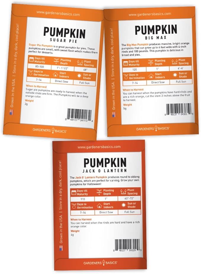 Gardeners Basics, Pumpkin Seeds to Plant - 5 Variety Baby Boo, Giant Big Max, Jack Be Little, Jack O Lantern, Sugar Pie, Great for Pumpkin Seed for Summer, Fall, Pumpkin Seeds for Planting