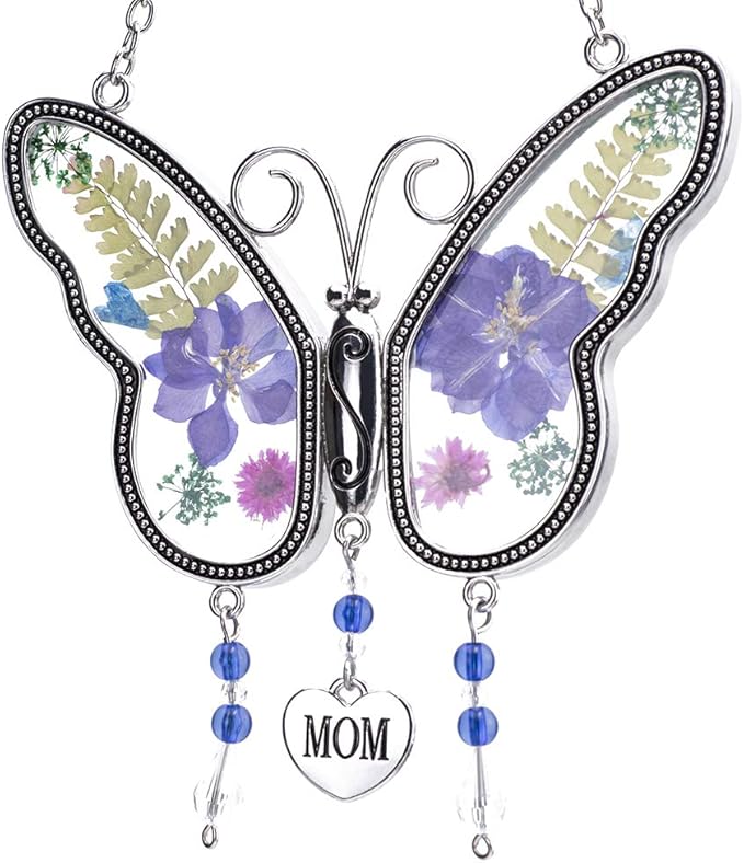 Laraine Butterfly Suncatcher with Pressed Colourful Flower Wings Mom Mother's Day Butterfly Glass Wind Chime Ornament Charm with Metal Heart Gifts for Mom Grandma Birthday (Purple Mom)