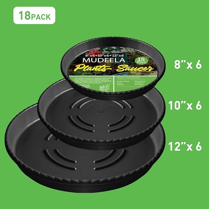 18 Pack of 12 inch & 10 inch & 8 inch Plant Saucers, Durable Plant Trays for Indoors Outdoors, Black Plastic Flower Plant Pot Saucer, Made of Thicker, Stronger Plastic, with Taller Design (8"+10"+12")