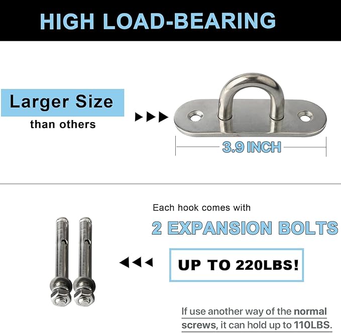 SAYAYO 6 PCS Pad Eye Plate Hooks U Ceiling Hook for Hanging Plants Outdoor Lights Swing Suspension Marine Hardware Staple Hook Loop with Screws Stainless Steel Wall Mount (Brushed Nickel