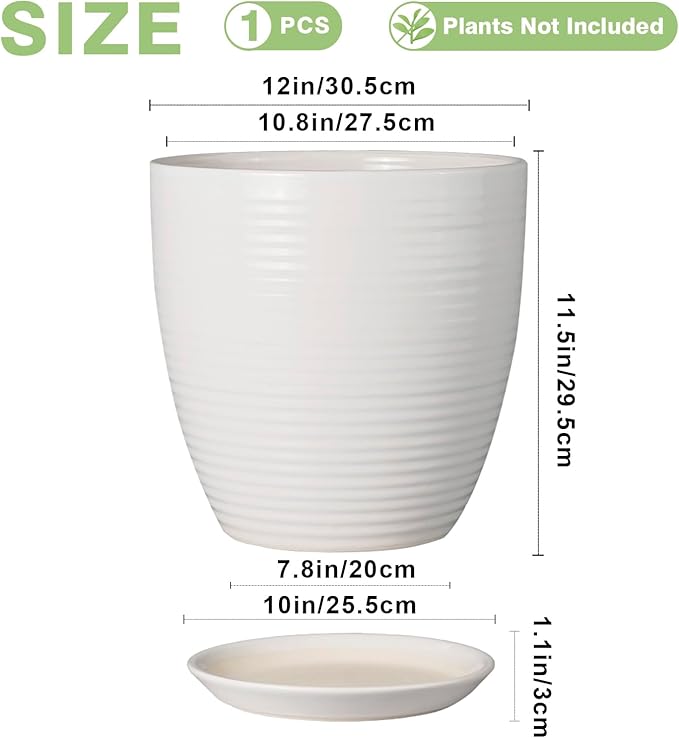 12 Inch Ceramic Planter Pot, Large Planter Pot with Drainage Hole and Saucer Round Flower Pot for Indoor Outdoor Plants, White