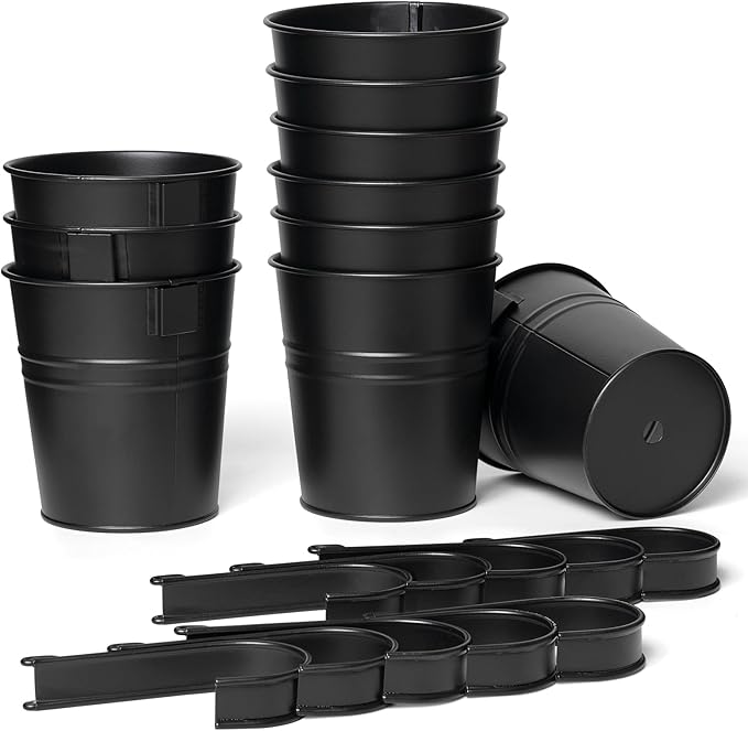 Dahey 10 Pcs Hanging Flower Pots Metal Iron Bucket Outdoor Planter for Railing Fence Balcony Garden Home Decoration Flower Holders with Detachable Hooks, Black, 5 Inches