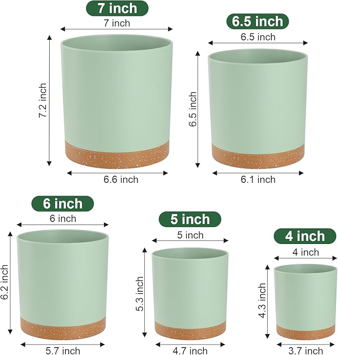 Plant Pots – 7/6.5/6/5/4 Inch Plastic Planters with Drainage Holes and Saucers, Flower Pots for Indoor and Outdoor Plants (Green)