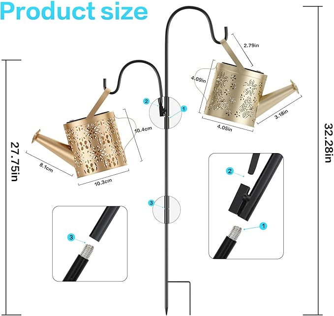 Solar Watering Can with Colorful Lighting, Waterproof Garden Decor, Birthday Gifts for Mom Grandma (Flower, 32 inch Shepherd Hook)