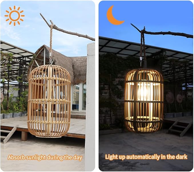 Solar Lantern Outdoor Waterproof, Large Rattan Solar Lantern Outdoor Hanging with Handle, Natural Bamboo Solar Outdoor Lights with Edison Bulb for Garden Patio Yard Tabletop Decoration