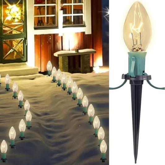 C9 Christmas Pathway Lights, 38FT Clear Christmas Pathway String Lights with 25 Incandescent Bulbs and Stakes for Outdoor Walkway Driveway Backyard Christmas Decorations, Warm White