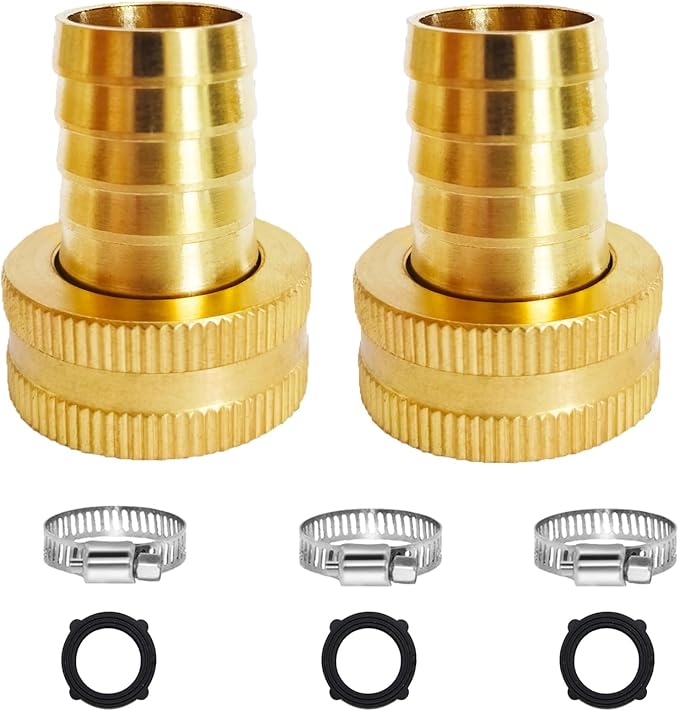2Pcs 5/8" Barb x 3/4" Female GHT Thread Swivel Brass Garden Water Hose Pipe Connector Copper Fitting with Stainless Clamp House/Boat/Lawn/Power Wash/Irrigation