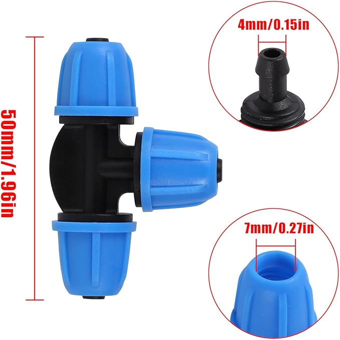 1/4 inch Drip Irrigation Fittings, Lock Barbed Tee for ¼ in. Tubing; Tubing Outside Diameter (OD) is 0.250 in., Internal Diameter (ID) is 0.170. in.(25Pcs/Pack) (Blue-3Way)