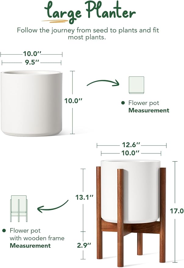 LE TAUCI 10 Inch Planter with Acacia Wood Stand, Ceramic Planter for Indoor Plants with Adjustable Plant Holder, Mid-Century Modern Home Decor, Round Flower Pots with Drainage Hole, White