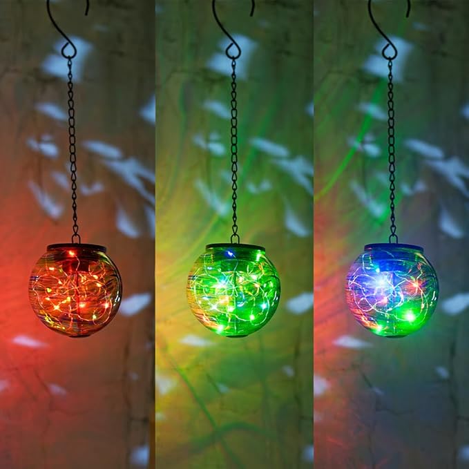 Color Changing Hanging Solar Lanterns Outdoor Waterproof LED Glass Solar Globe Light with S Hooks,Gazing Ball Outdoor Decorative Lanterns for Patio,Pathway,Yard,Garden Decor Gift for Women