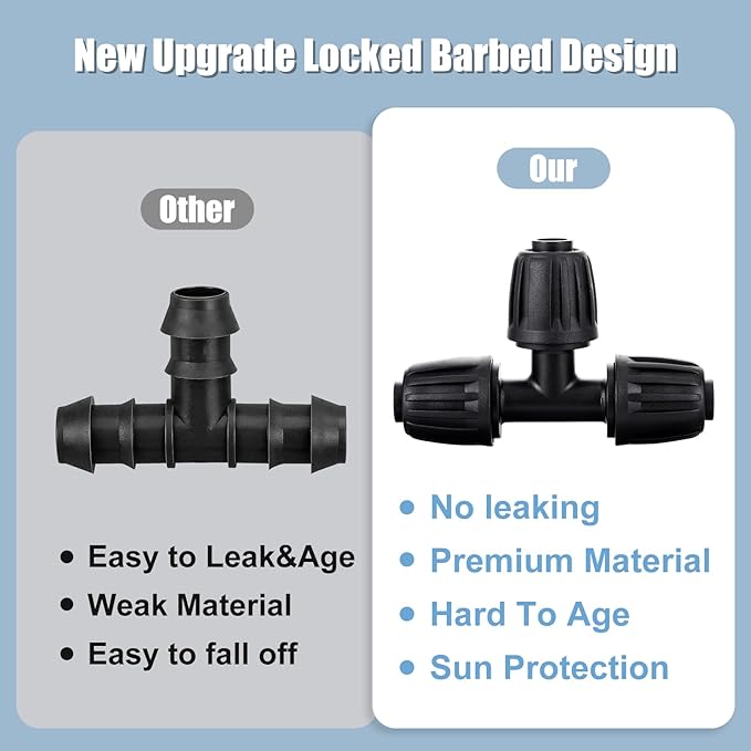 12pc 1/2 inch Irrigation Fittings Tee Connectors,Anti-Drop Lock Barbed Tee Connectors for (1/2" ID x0.6-0.63" OD) Drip Tubing Drip Irrigation Fittings