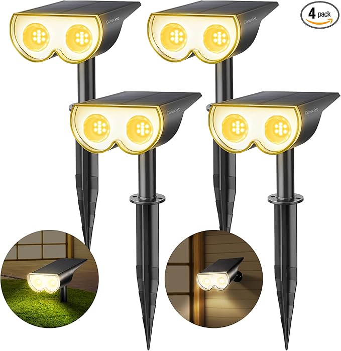 Solar Spot Lights Outdoor, Consciot 16 LEDs IP67 Waterproof Solar Outdoor Lights, Auto On/Off Solar Landscape Spotlights, 2-in-1 Adjustable Wall Lights for Garden Yard Pathway, 4 Pack (Warm White)