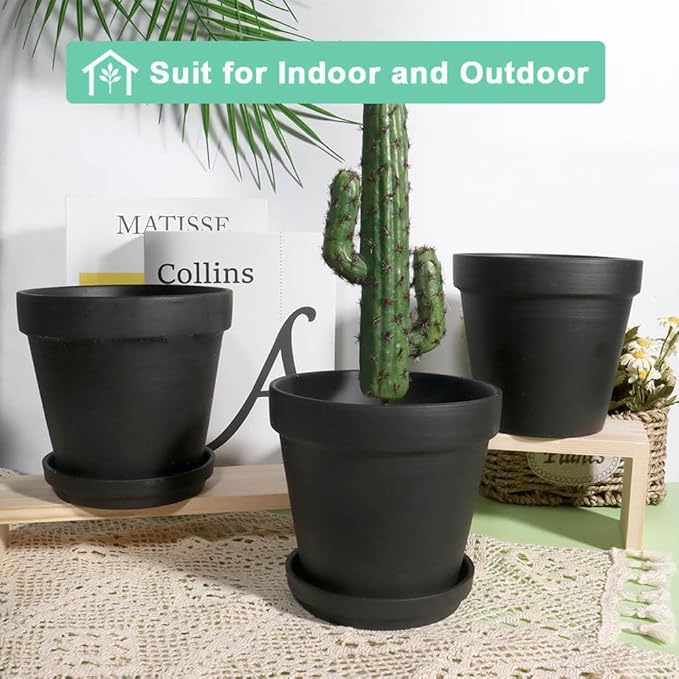 Vensovo 8 Inch Black Clay & Terracotta Pots for Plant with Saucer - 2 Pack Large Ceramic Terra Cotta Planter with Drainage Hole, Clay Flower Pot with Tray for Indoor Outdoor Plants