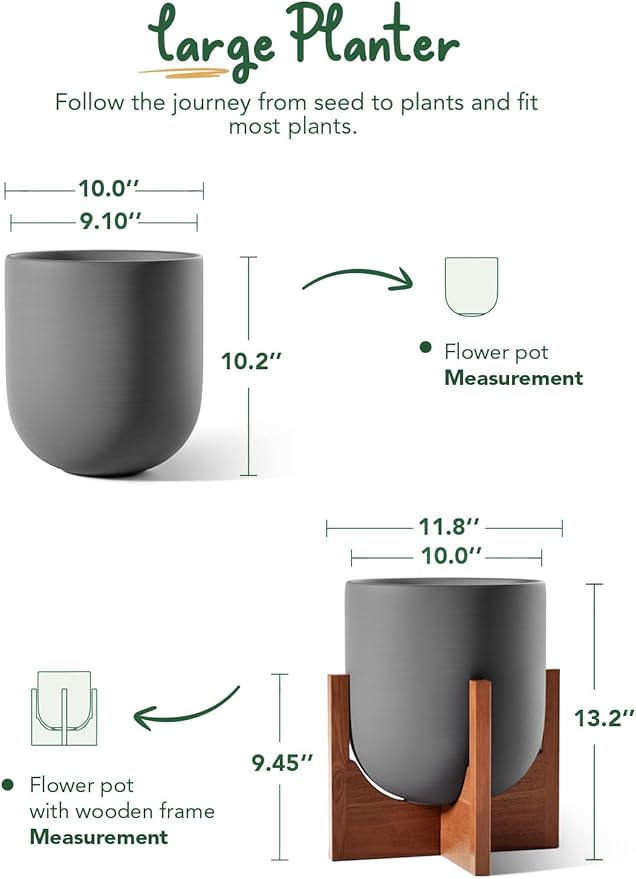 LE TAUCI 10 Inch Plant Pot with Acacia Wood Stand, Ceramic Planters for Indoor Plants, Plant Pots Indoor for Home Decor, Mid-Century Modern Pots for Plants with Drainage Hole and Plug, Charcoal Gray